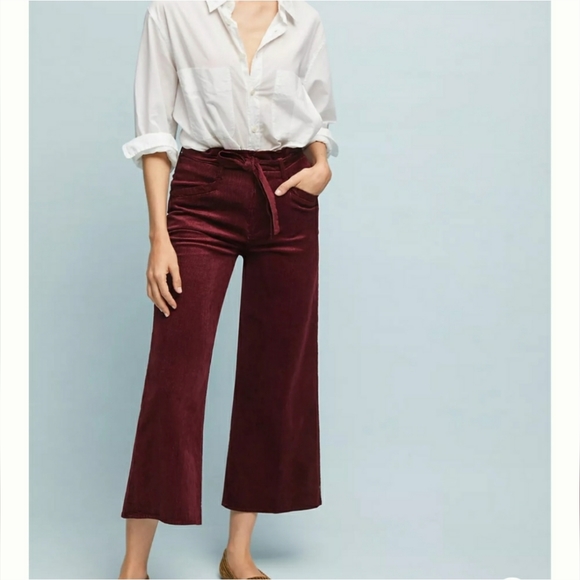 PAIGE Pants - PAIGE Sutton Paperbag Crop Wide Leg Corduroy Pants in Dark Currant